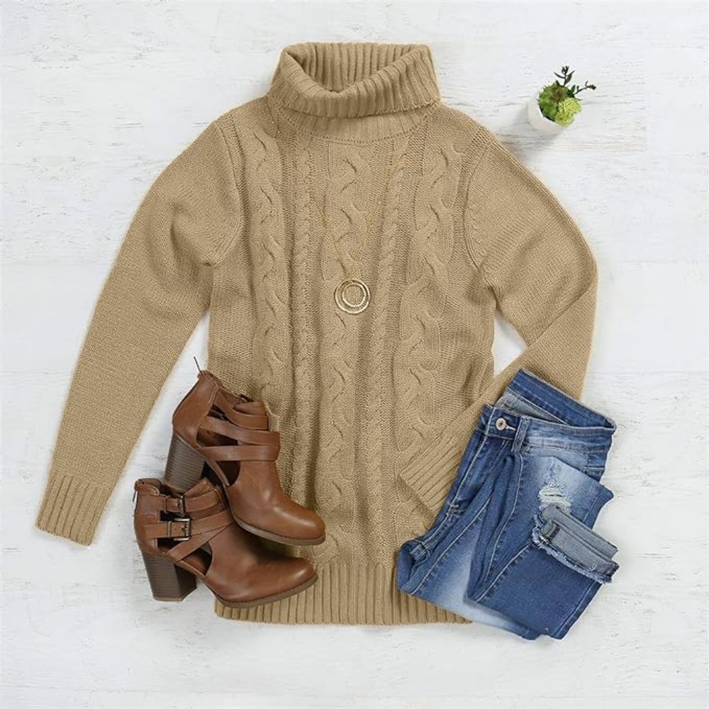 Women's Turtleneck Ribbed Sweater Long Sleeve Pullover Chunky Knit Jumper